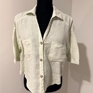 Zara Light Sage Short Sleeve Cropped Linen Shirt